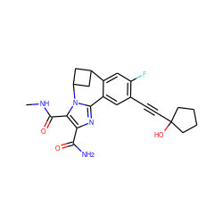 CNC(=O)c1c(C(N)=O)nc2n1C1CC(C1)c1cc(F)c(C#CC3(O)CCCC3)cc1-2 ZINC000219481370