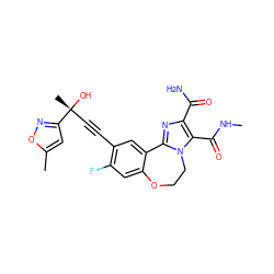 CNC(=O)c1c(C(N)=O)nc2n1CCOc1cc(F)c(C#C[C@@](C)(O)c3cc(C)on3)cc1-2 ZINC000215745009