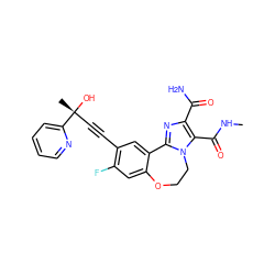 CNC(=O)c1c(C(N)=O)nc2n1CCOc1cc(F)c(C#C[C@@](C)(O)c3ccccn3)cc1-2 ZINC000215759273