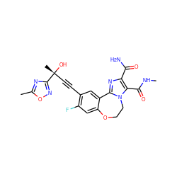 CNC(=O)c1c(C(N)=O)nc2n1CCOc1cc(F)c(C#C[C@@](C)(O)c3noc(C)n3)cc1-2 ZINC000215745158