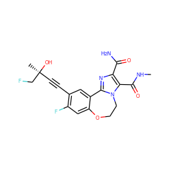 CNC(=O)c1c(C(N)=O)nc2n1CCOc1cc(F)c(C#C[C@](C)(O)CF)cc1-2 ZINC000219445711