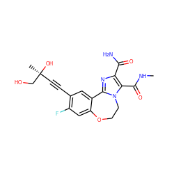 CNC(=O)c1c(C(N)=O)nc2n1CCOc1cc(F)c(C#C[C@](C)(O)CO)cc1-2 ZINC000219510699