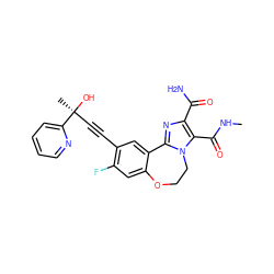 CNC(=O)c1c(C(N)=O)nc2n1CCOc1cc(F)c(C#C[C@](C)(O)c3ccccn3)cc1-2 ZINC000215759322