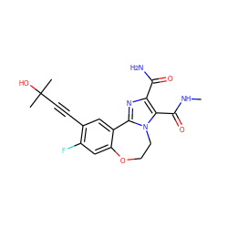 CNC(=O)c1c(C(N)=O)nc2n1CCOc1cc(F)c(C#CC(C)(C)O)cc1-2 ZINC000219487982