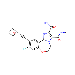 CNC(=O)c1c(C(N)=O)nc2n1CCOc1cc(F)c(C#CC3(O)CCC3)cc1-2 ZINC000215761806