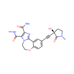 CNC(=O)c1c(C(N)=O)nc2n1CCOc1ccc(C#C[C@]3(O)CCN(C)C3=O)cc1-2 ZINC000215762956