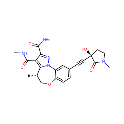 CNC(=O)c1c(C(N)=O)nn2c1[C@@H](C)COc1ccc(C#C[C@]3(O)CCN(C)C3=O)cc1-2 ZINC000219444823