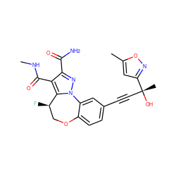 CNC(=O)c1c(C(N)=O)nn2c1[C@H](F)COc1ccc(C#C[C@@](C)(O)c3cc(C)on3)cc1-2 ZINC000219464423