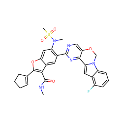 CNC(=O)c1c(C2=CCCC2)oc2cc(N(C)S(C)(=O)=O)c(-c3ncc4c(n3)-c3cc5c(F)cccc5n3CO4)cc12 ZINC000212272479