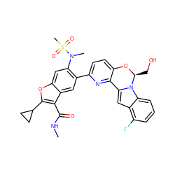 CNC(=O)c1c(C2CC2)oc2cc(N(C)S(C)(=O)=O)c(-c3ccc4c(n3)-c3cc5c(F)cccc5n3[C@H](CO)O4)cc12 ZINC000212281973