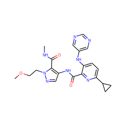 CNC(=O)c1c(NC(=O)c2nc(C3CC3)ccc2Nc2cncnc2)cnn1CCOC ZINC000140735966