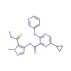 CNC(=O)c1c(NC(=O)c2nc(C3CC3)cnc2Nc2cccnc2)cnn1C ZINC000169701838