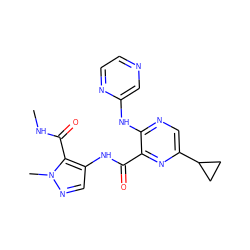 CNC(=O)c1c(NC(=O)c2nc(C3CC3)cnc2Nc2cnccn2)cnn1C ZINC000149699624