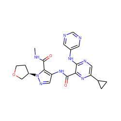 CNC(=O)c1c(NC(=O)c2nc(C3CC3)cnc2Nc2cncnc2)cnn1[C@@H]1CCOC1 ZINC000169701870