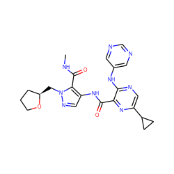 CNC(=O)c1c(NC(=O)c2nc(C3CC3)cnc2Nc2cncnc2)cnn1C[C@@H]1CCCO1 ZINC000169701862