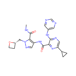 CNC(=O)c1c(NC(=O)c2nc(C3CC3)cnc2Nc2cncnc2)cnn1C[C@@H]1CCO1 ZINC000169701892