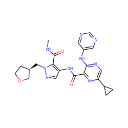 CNC(=O)c1c(NC(=O)c2nc(C3CC3)cnc2Nc2cncnc2)cnn1C[C@@H]1CCOC1 ZINC000169701896