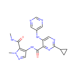 CNC(=O)c1c(NC(=O)c2nc(C3CC3)ncc2Nc2cncnc2)cnn1C ZINC000169701923