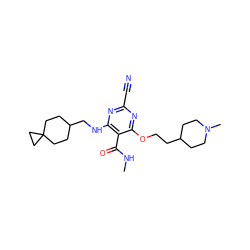 CNC(=O)c1c(NCC2CCC3(CC2)CC3)nc(C#N)nc1OCCC1CCN(C)CC1 ZINC000040918509