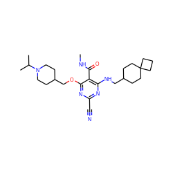 CNC(=O)c1c(NCC2CCC3(CCC3)CC2)nc(C#N)nc1OCC1CCN(C(C)C)CC1 ZINC000040917301