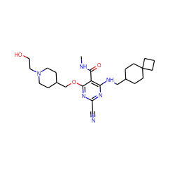 CNC(=O)c1c(NCC2CCC3(CCC3)CC2)nc(C#N)nc1OCC1CCN(CCO)CC1 ZINC000040918259