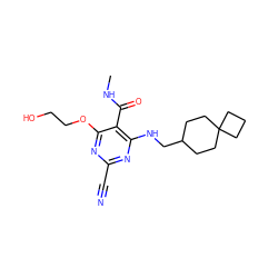 CNC(=O)c1c(NCC2CCC3(CCC3)CC2)nc(C#N)nc1OCCO ZINC000040404418