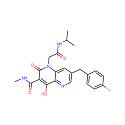 CNC(=O)c1c(O)c2ncc(Cc3ccc(F)cc3)cc2n(CC(=O)NC(C)C)c1=O ZINC000149929535