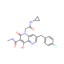 CNC(=O)c1c(O)c2ncc(Cc3ccc(F)cc3)cc2n(CC(=O)NC2CC2)c1=O ZINC000149129192