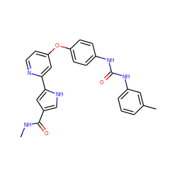 CNC(=O)c1c[nH]c(-c2cc(Oc3ccc(NC(=O)Nc4cccc(C)c4)cc3)ccn2)c1 ZINC000169144909