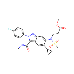 CNC(=O)c1c2cc(C3CC3)c(N(CCC(=O)OC)S(C)(=O)=O)cc2nn1-c1ccc(F)cc1 ZINC000096174193