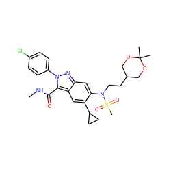 CNC(=O)c1c2cc(C3CC3)c(N(CCC3COC(C)(C)OC3)S(C)(=O)=O)cc2nn1-c1ccc(Cl)cc1 ZINC000096174192