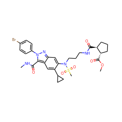 CNC(=O)c1c2cc(C3CC3)c(N(CCCNC(=O)[C@H]3CCC[C@@H]3C(=O)OC)S(C)(=O)=O)cc2nn1-c1ccc(Br)cc1 ZINC000096174190