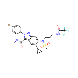 CNC(=O)c1c2cc(C3CC3)c(N(CCCNC(=O)C(F)(F)F)S(C)(=O)=O)cc2nn1-c1ccc(Br)cc1 ZINC000096174180