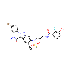 CNC(=O)c1c2cc(C3CC3)c(N(CCCNC(=O)c3cccc(OC)c3F)S(C)(=O)=O)cc2nn1-c1ccc(Br)cc1 ZINC000096174186