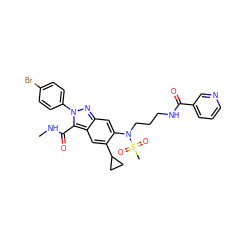 CNC(=O)c1c2cc(C3CC3)c(N(CCCNC(=O)c3cccnc3)S(C)(=O)=O)cc2nn1-c1ccc(Br)cc1 ZINC000096174188