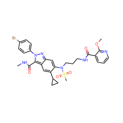 CNC(=O)c1c2cc(C3CC3)c(N(CCCNC(=O)c3cccnc3OC)S(C)(=O)=O)cc2nn1-c1ccc(Br)cc1 ZINC000096174187