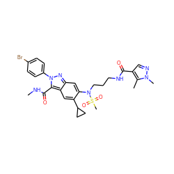 CNC(=O)c1c2cc(C3CC3)c(N(CCCNC(=O)c3cnn(C)c3C)S(C)(=O)=O)cc2nn1-c1ccc(Br)cc1 ZINC000096174185