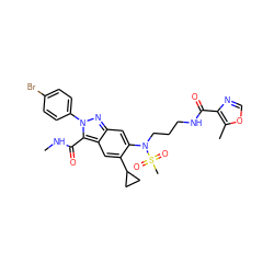 CNC(=O)c1c2cc(C3CC3)c(N(CCCNC(=O)c3ncoc3C)S(C)(=O)=O)cc2nn1-c1ccc(Br)cc1 ZINC000096174181