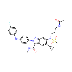 CNC(=O)c1c2cc(C3CC3)c(N(CCCNC(C)=O)S(C)(=O)=O)cc2nn1-c1ccc(Nc2ccc(F)cc2)cc1 ZINC000096174172