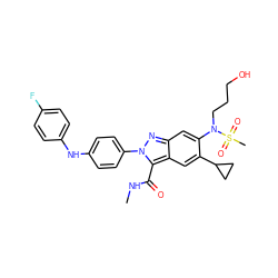 CNC(=O)c1c2cc(C3CC3)c(N(CCCO)S(C)(=O)=O)cc2nn1-c1ccc(Nc2ccc(F)cc2)cc1 ZINC000096174166