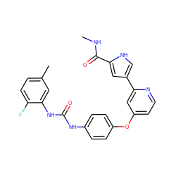 CNC(=O)c1cc(-c2cc(Oc3ccc(NC(=O)Nc4cc(C)ccc4F)cc3)ccn2)c[nH]1 ZINC000116233744