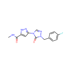 CNC(=O)c1cc(-n2cnn(Cc3ccc(F)cc3)c2=O)n[nH]1 ZINC000150012178