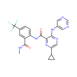 CNC(=O)c1cc(C(F)(F)F)ccc1NC(=O)c1nc(C2CC2)cnc1Nc1cncnc1 ZINC000169701906