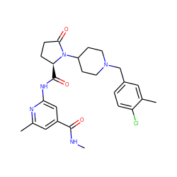 CNC(=O)c1cc(C)nc(NC(=O)[C@H]2CCC(=O)N2C2CCN(Cc3ccc(Cl)c(C)c3)CC2)c1 ZINC000148977695