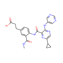 CNC(=O)c1cc(CCC(=O)O)ccc1NC(=O)c1nc(C2CC2)cnc1Nc1cncnc1 ZINC000169701937