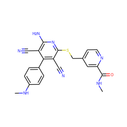 CNC(=O)c1cc(CSc2nc(N)c(C#N)c(-c3ccc(NC)cc3)c2C#N)ccn1 ZINC000143357127