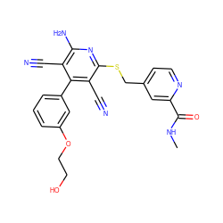 CNC(=O)c1cc(CSc2nc(N)c(C#N)c(-c3cccc(OCCO)c3)c2C#N)ccn1 ZINC000204573653