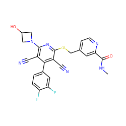 CNC(=O)c1cc(CSc2nc(N3CC(O)C3)c(C#N)c(-c3ccc(F)c(F)c3)c2C#N)ccn1 ZINC000146026326