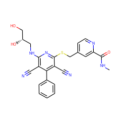 CNC(=O)c1cc(CSc2nc(NC[C@H](O)CO)c(C#N)c(-c3ccccc3)c2C#N)ccn1 ZINC000146500159