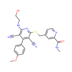 CNC(=O)c1cc(CSc2nc(NCCO)c(C#N)c(-c3ccc(OC)cc3)c2C#N)ccn1 ZINC000145983669